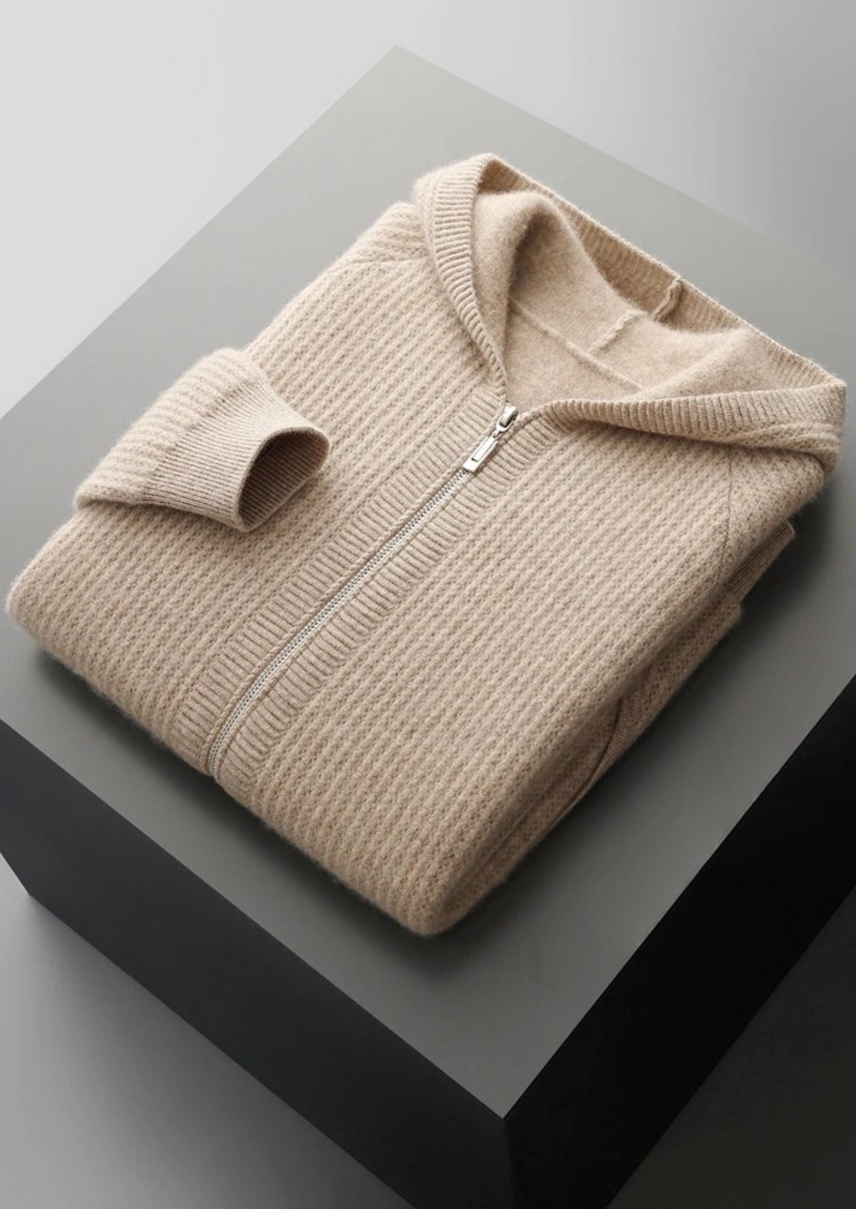 Czysta Ekstra-Fina Merino Wełna Prążkowany Zamek Hoodie